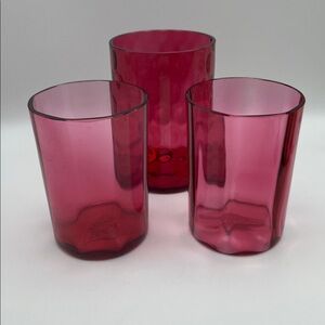 Vintage 3 Handblown Cranberry Drinking Glasses, 1 Coin Dot Pattern, 2 Smooth